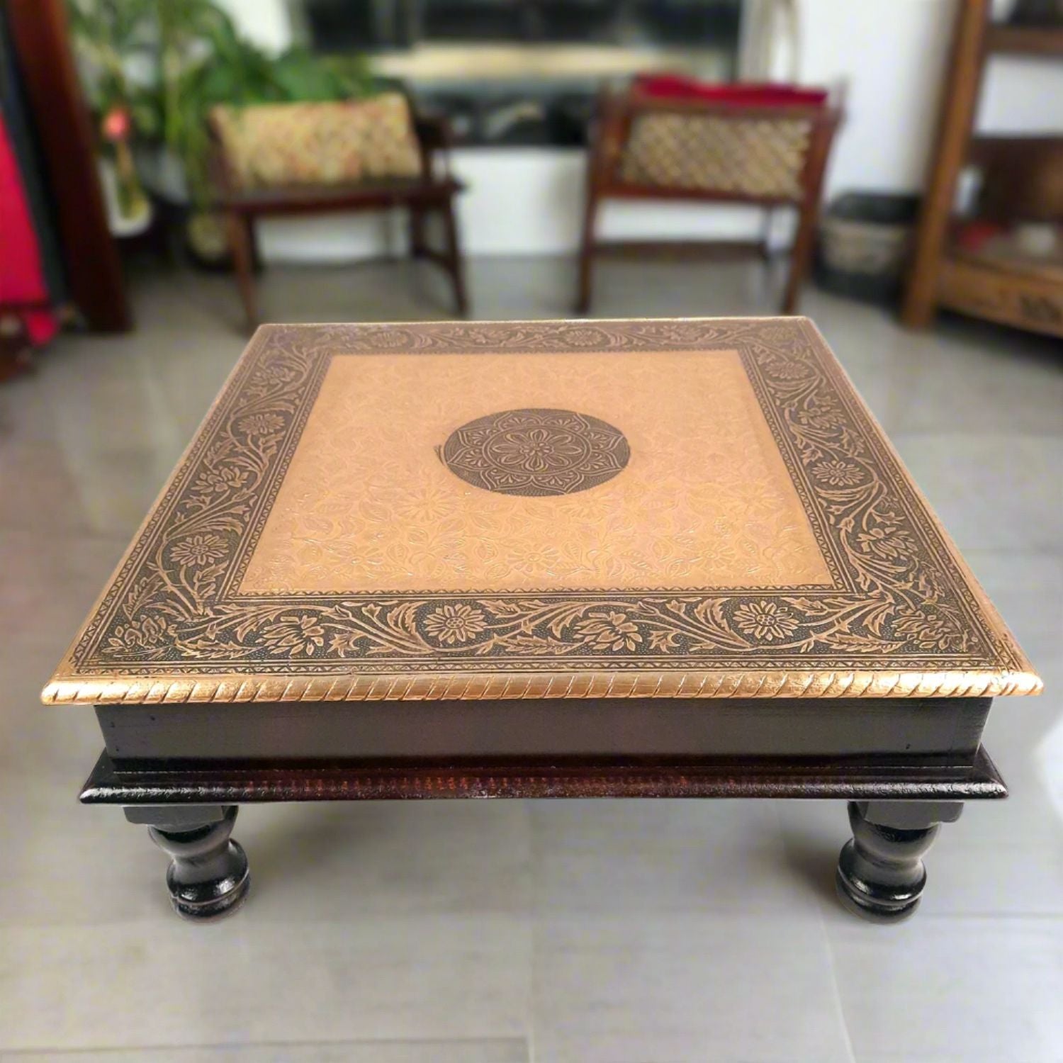 Puja Chowki Bajot | Wooden Brass Chauki - For Pooja, Sitting, Home & Corner Decor -15 Inch - apkamart #Style_Design 2