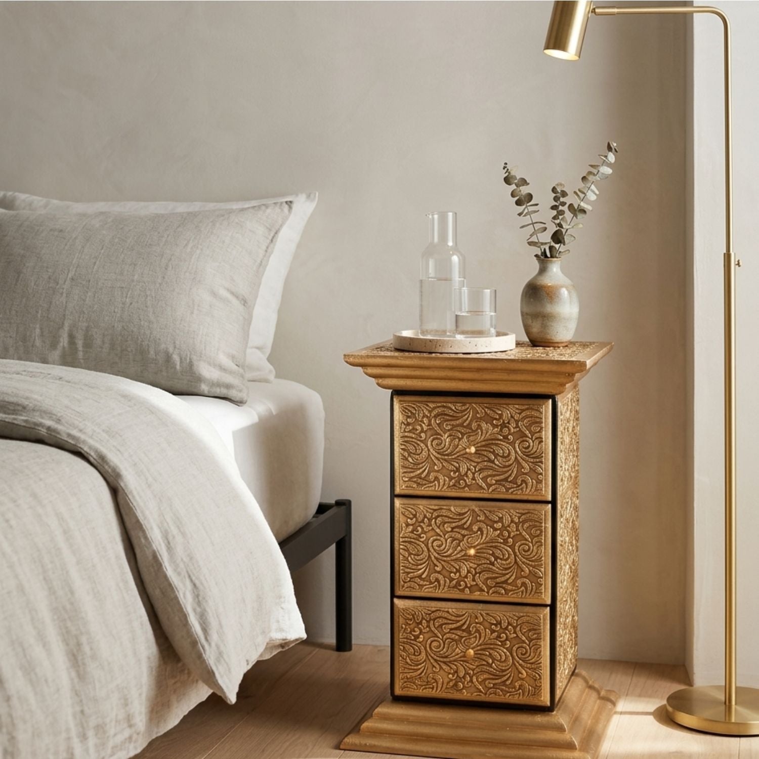 Brass Wood Pillar 3 Drawer Side Table Golden Bedside - 18 Inch-Apkamart