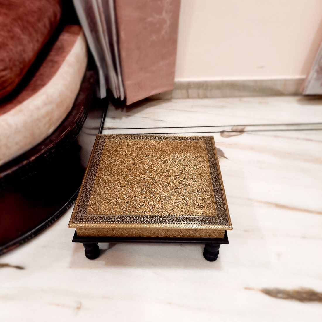 Puja Chowki Bajot | Wooden Brass Chauki - For Pooja, Sitting, Home & Corner Decor -15 Inch - apkamart #Style_Design 1