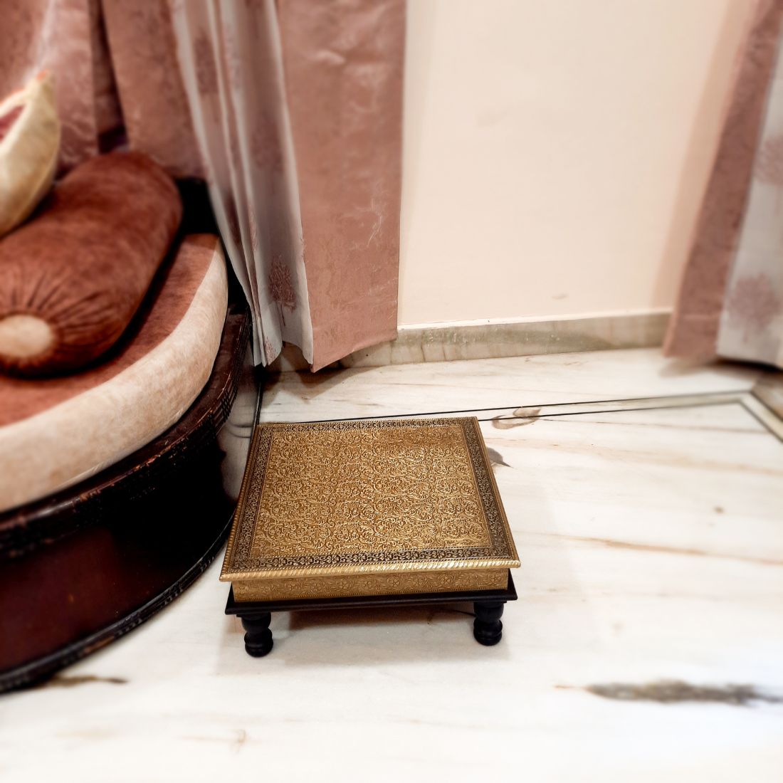 Puja Chowki Bajot | Wooden Brass Chauki - For Pooja, Sitting, Home & Corner Decor -15 Inch - apkamart #Style_Design 1