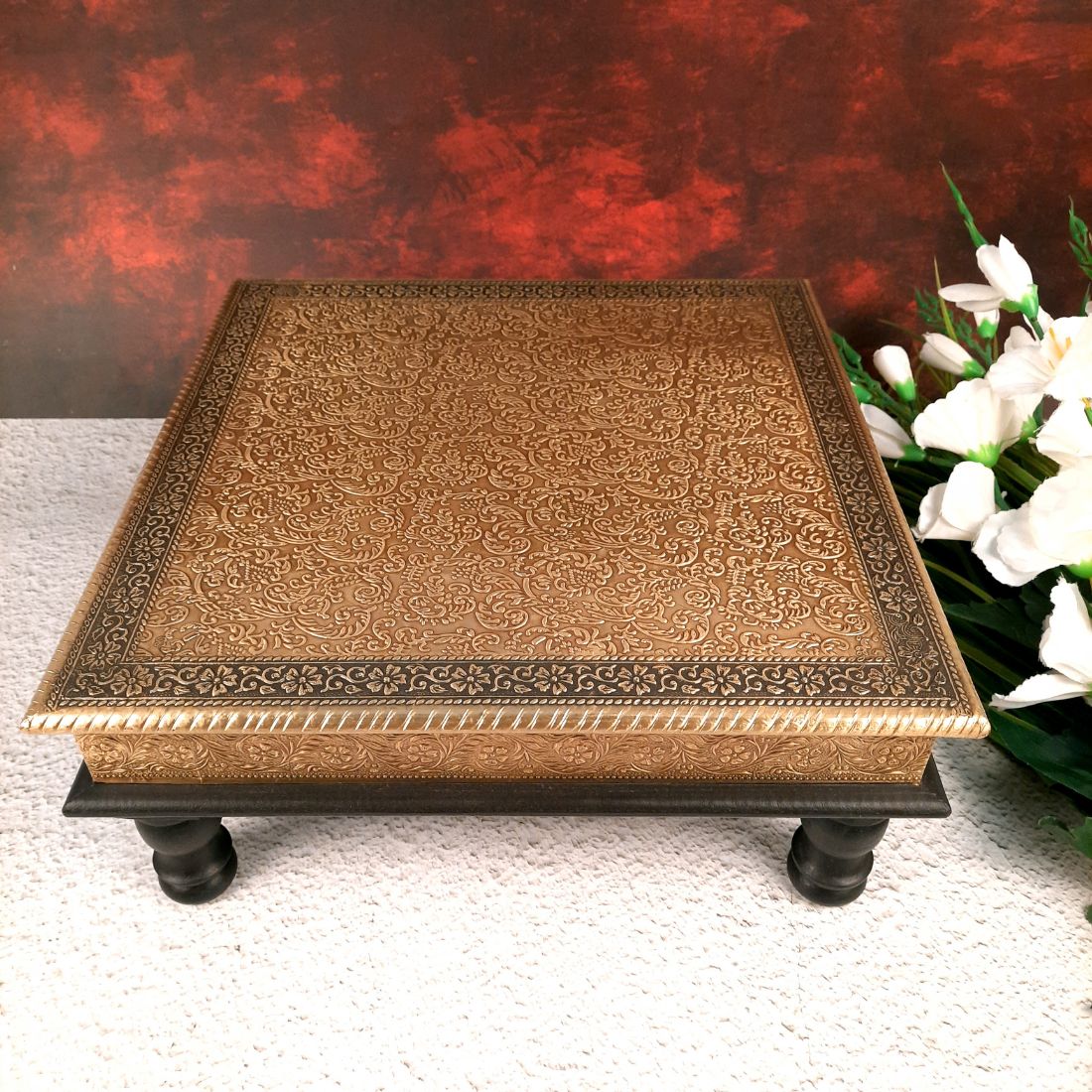 Puja Chowki Bajot | Wooden Brass Chauki - For Pooja, Sitting, Home & Corner Decor -15 Inch - apkamart #Style_Design 1