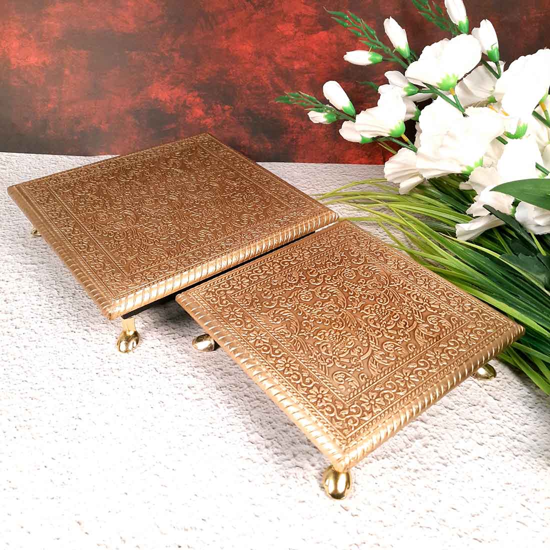 Puja Chowki Bajot |Wood & Brass Chauki Set - For Home Decor, Pooja, Weddings & Festivals - 8x10 Inch (Pack of 2) - Apkamart