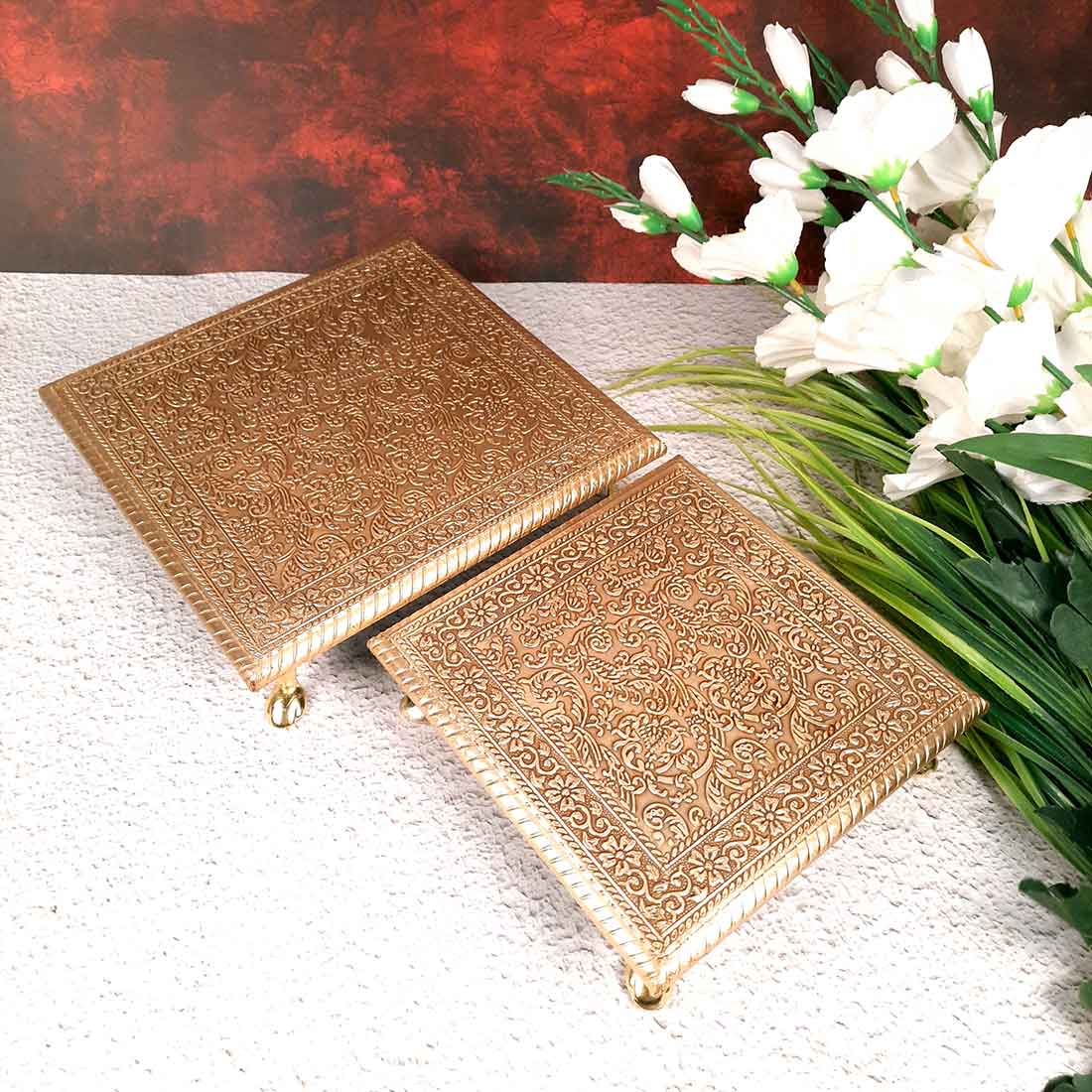 Puja Chowki Bajot |Wood & Brass Chauki Set - For Home Decor, Pooja, Weddings & Festivals - 8x10 Inch (Pack of 2) - Apkamart