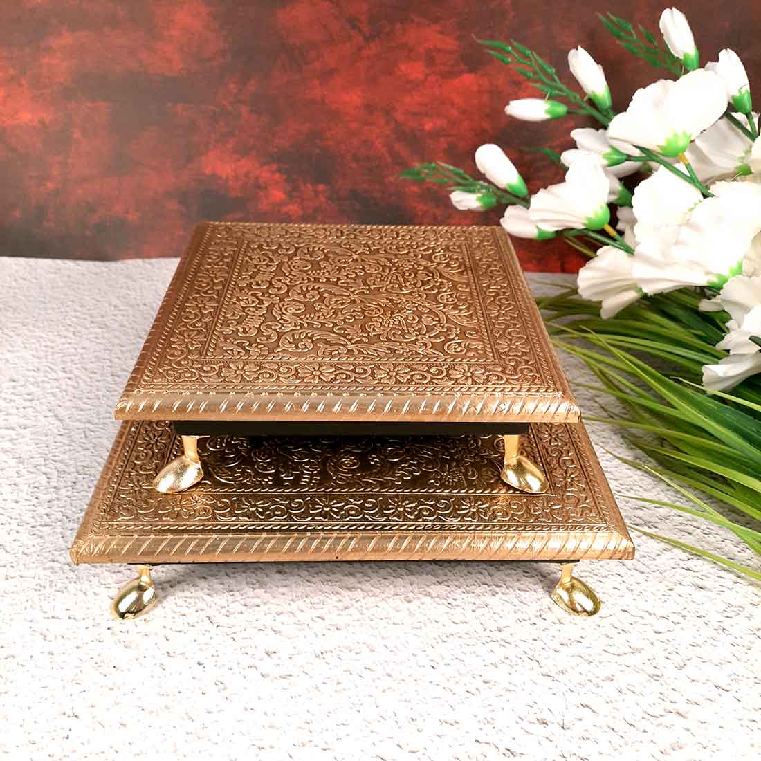 Puja Chowki Bajot |Wood & Brass Chauki Set - For Home Decor, Pooja, Weddings & Festivals - 8x10 Inch (Pack of 2) - Apkamart