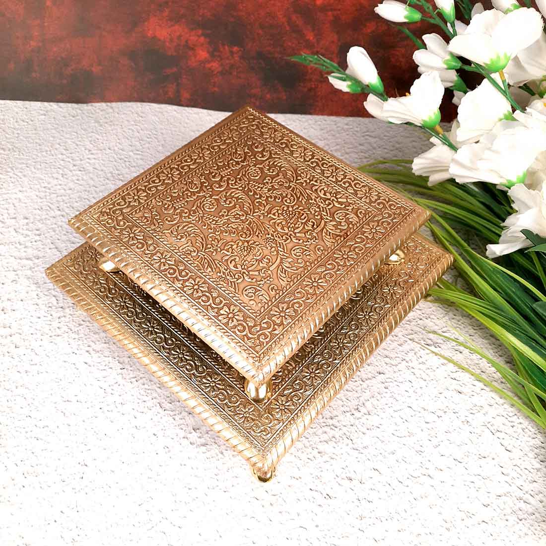 Puja Chowki Bajot |Wood & Brass Chauki Set - For Home Decor, Pooja, Weddings & Festivals - 8x10 Inch (Pack of 2) - Apkamart