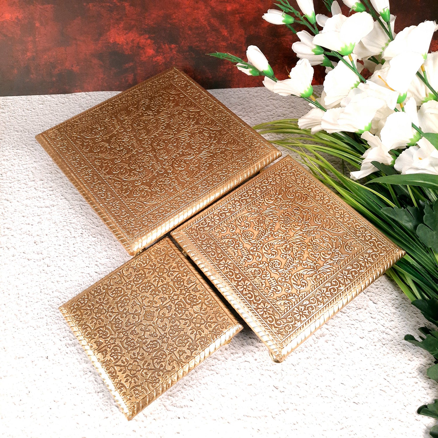 Puja Chowki Bajot | Brass Chauki Set - For Home Decor, Pooja, Weddings & Festivals - 6x8x10 Inch (Pack of 3) - Apkamart