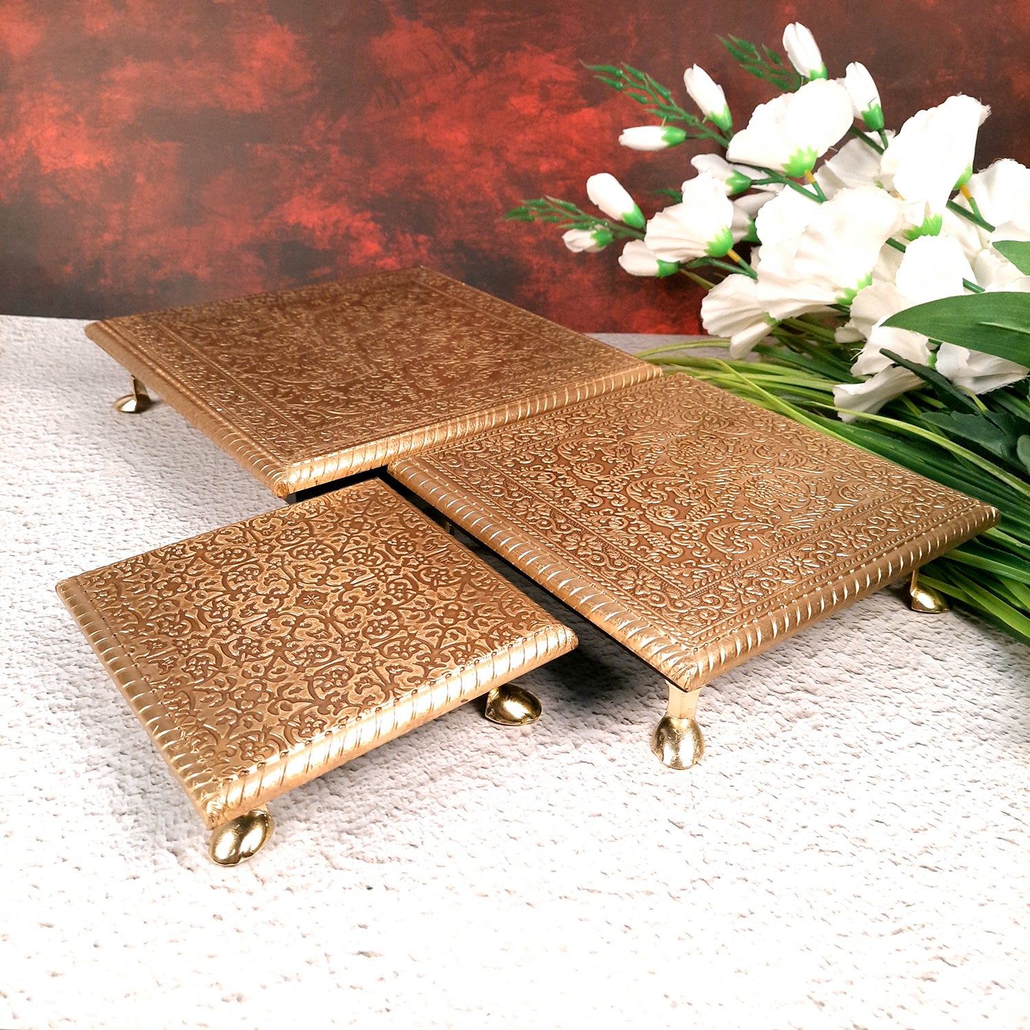 Puja Chowki Bajot | Brass Chauki Set - For Home Decor, Pooja, Weddings & Festivals - 6x8x10 Inch (Pack of 3) - Apkamart