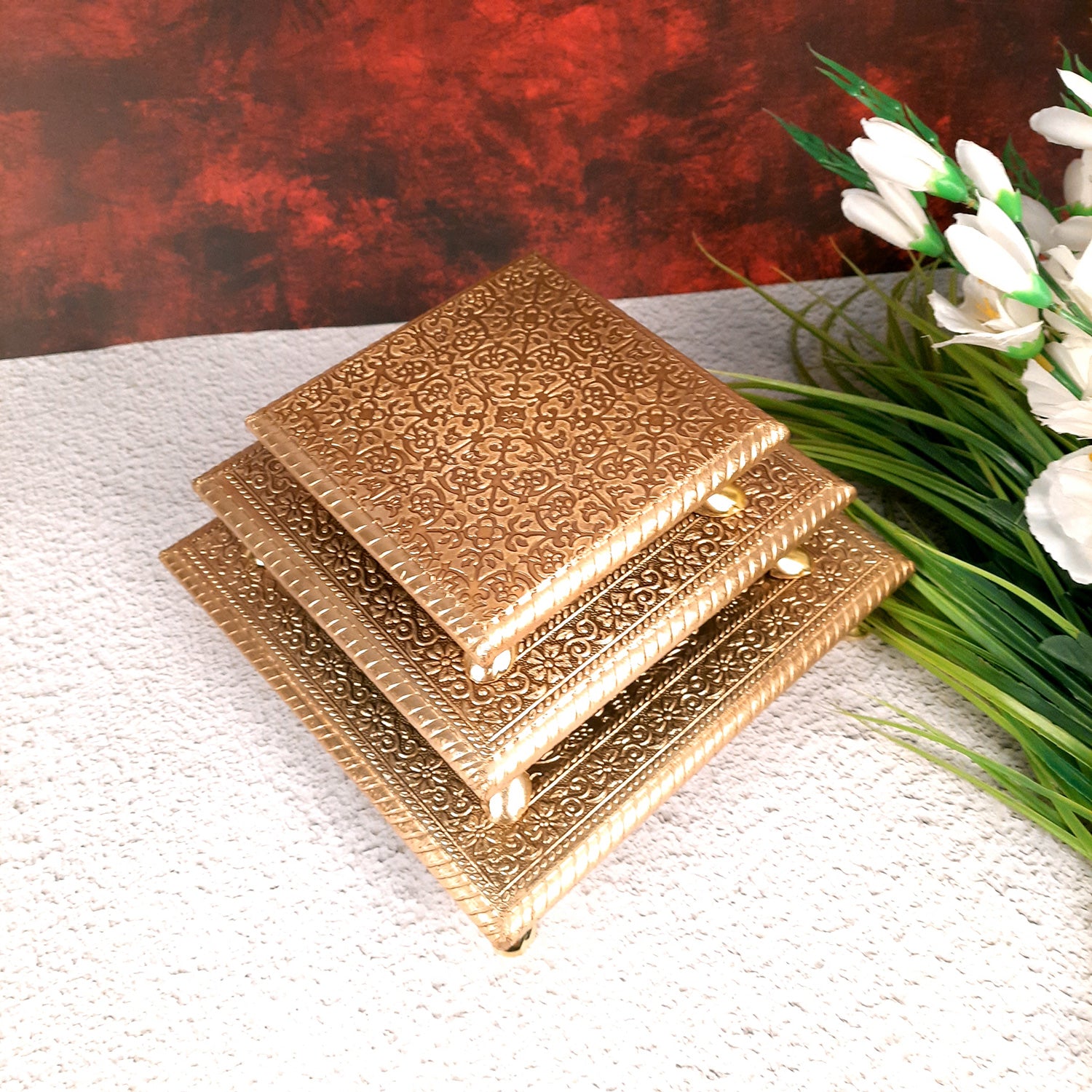 Puja Chowki Bajot | Brass Chauki Set - For Home Decor, Pooja, Weddings & Festivals - 6x8x10 Inch (Pack of 3) - Apkamart