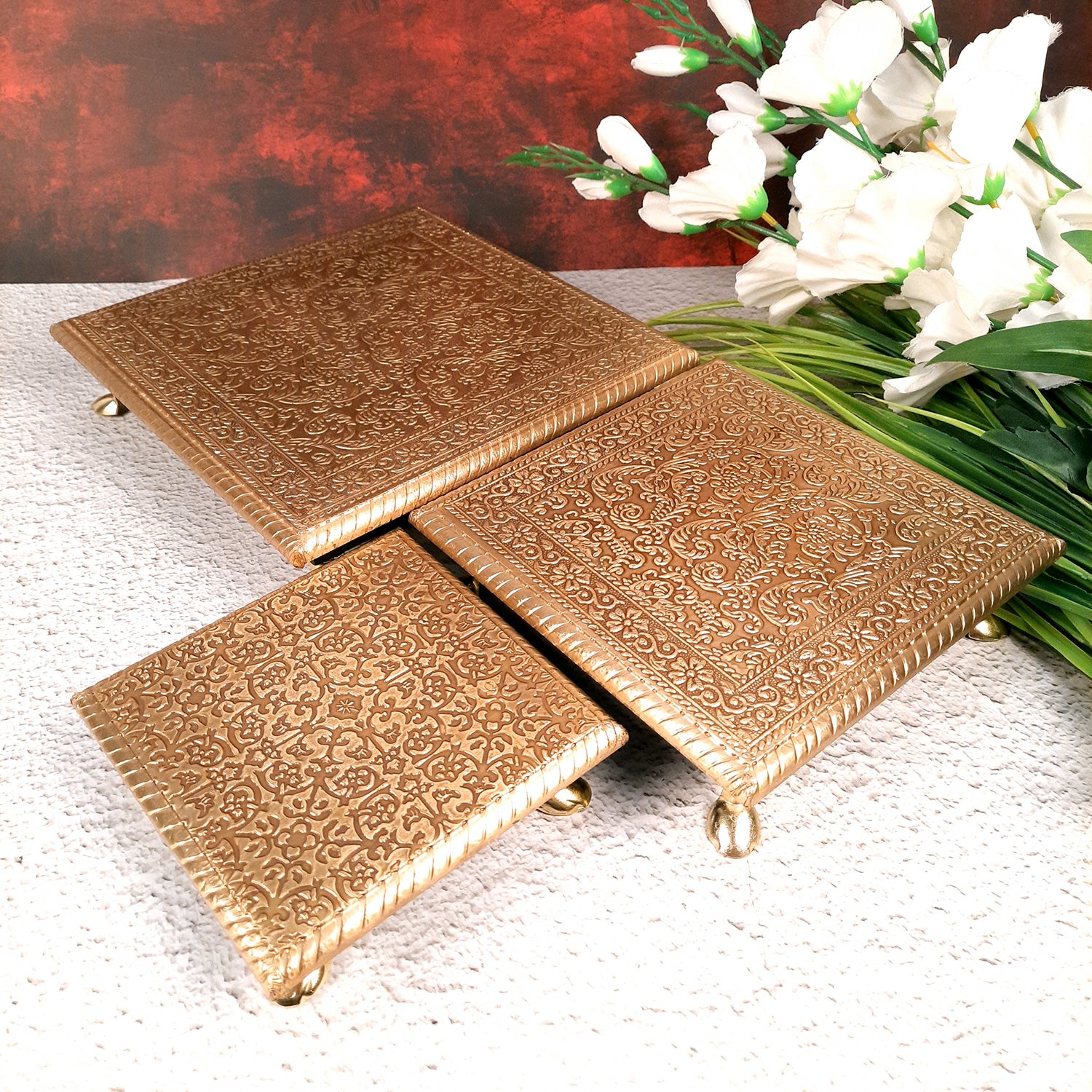 Puja Chowki Bajot | Brass Chauki Set - For Home Decor, Pooja, Weddings & Festivals - 6x8x10 Inch (Pack of 3) - Apkamart