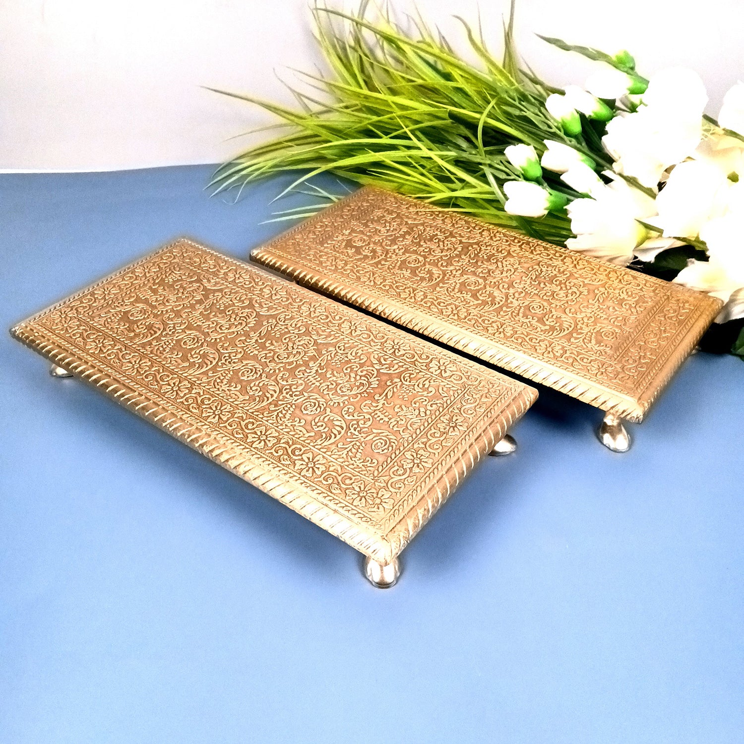 Puja Chowki Bajot | Wooden Brass Pooja Patla Chauki - for God Idol, Temple, Home Decor, Diwali, Festivals & Gifts - 12 Inch - Apkamart #Style_Pack Of 2