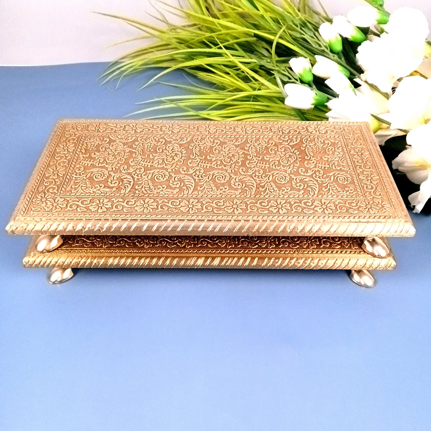 Puja Chowki Bajot | Wooden Brass Pooja Patla Chauki - for God Idol, Temple, Home Decor, Diwali, Festivals & Gifts - 12 Inch - Apkamart #Style_Pack Of 2