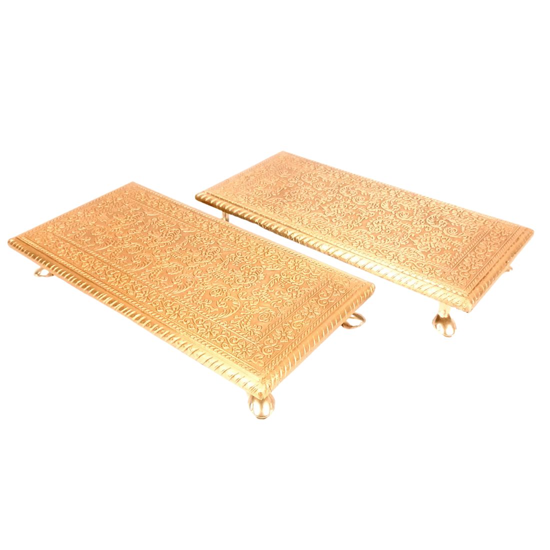 Puja Chowki Bajot | Wooden Brass Pooja Patla Chauki - for God Idol, Temple, Home Decor, Diwali, Festivals & Gifts - 12 Inch - Apkamart #Style_Pack Of 2