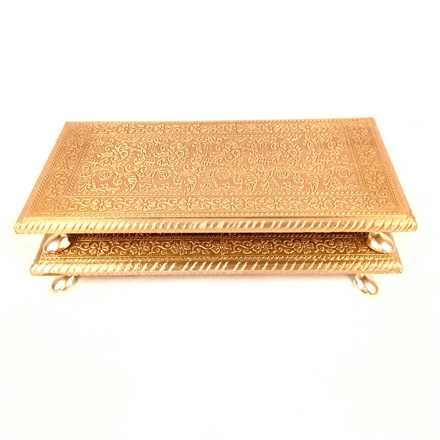 Puja Chowki Bajot | Wooden Brass Pooja Patla Chauki - for God Idol, Temple, Home Decor, Diwali, Festivals & Gifts - 12 Inch - Apkamart #Style_Pack Of 2