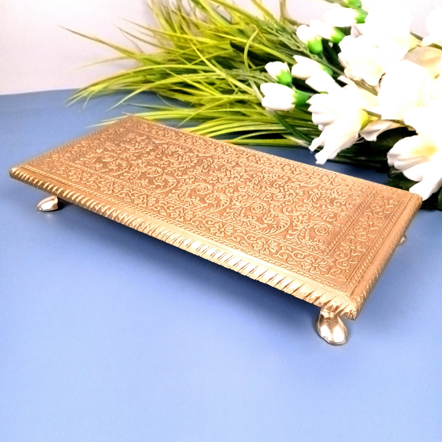 Puja Chowki Bajot | Wooden Brass Pooja Patla Chauki - for God Idol, Temple, Home Decor, Diwali, Festivals & Gifts - 12 Inch - Apkamart #Style_Pack Of 1