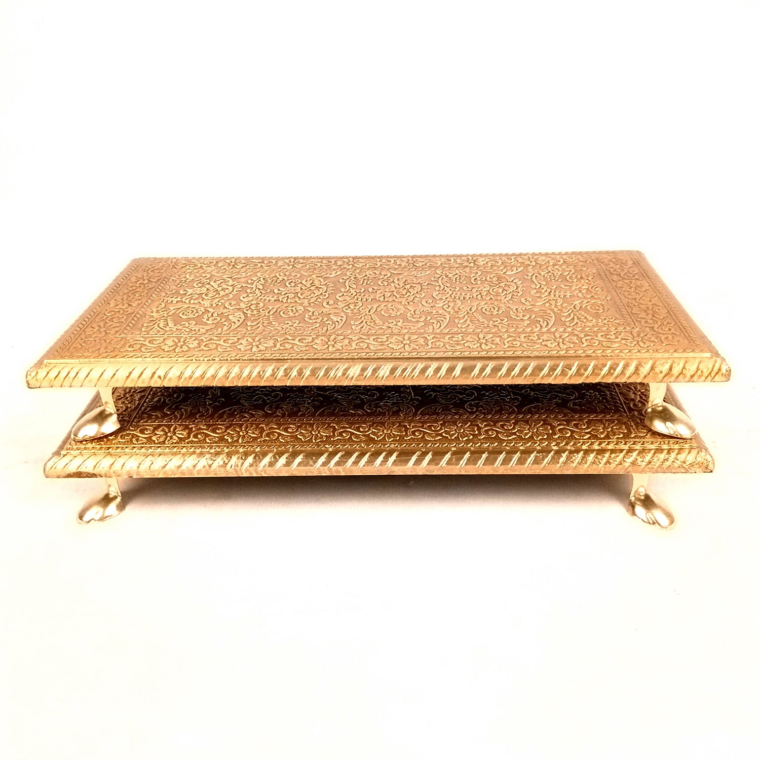 Puja Chowki Bajot | Wooden Brass Pooja Patla Chauki - for God Idol, Temple, Home Decor, Diwali, Festivals & Gifts - 12 Inch - Apkamart #Style_Pack Of 2