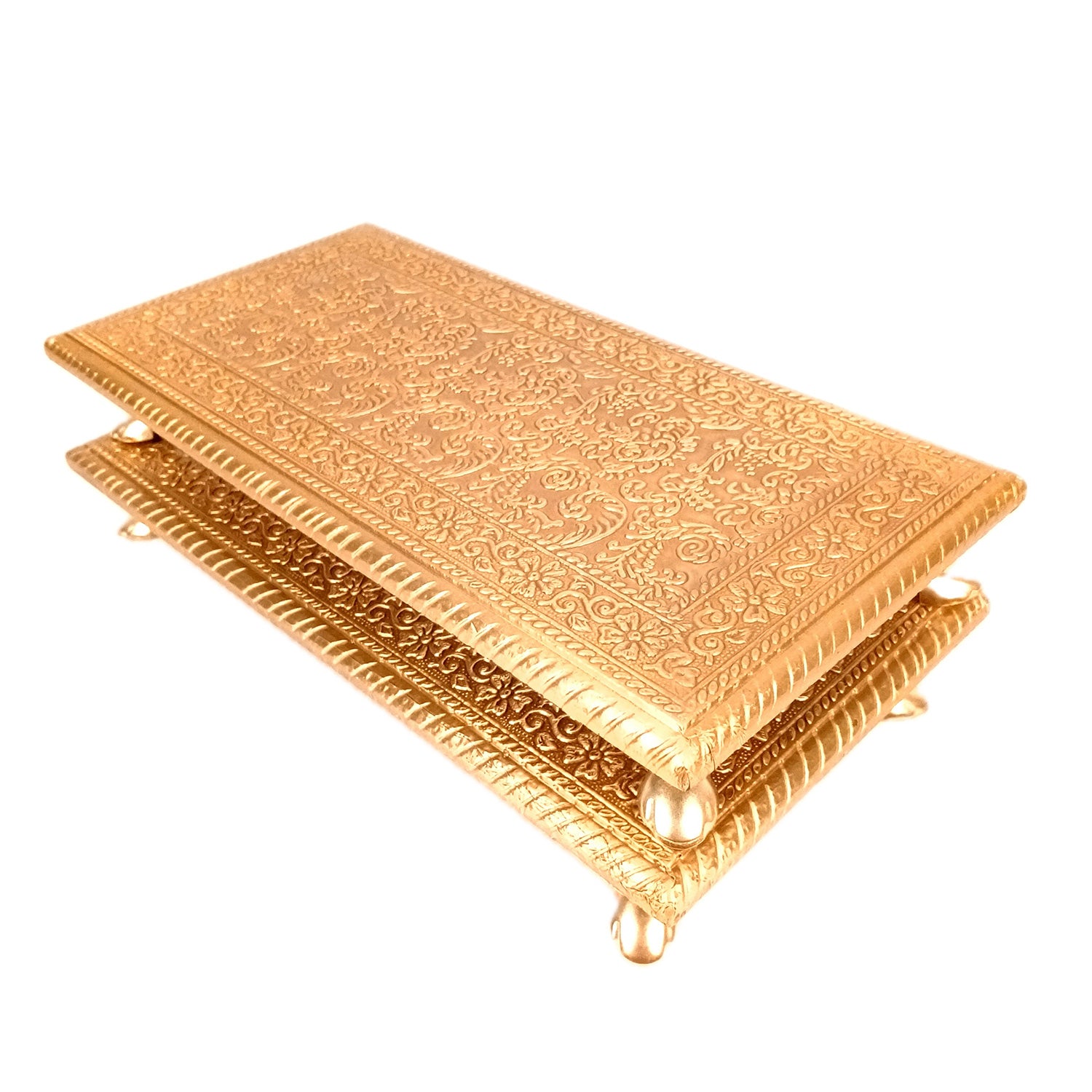 Puja Chowki Bajot | Wooden Brass Pooja Patla Chauki - for God Idol, Temple, Home Decor, Diwali, Festivals & Gifts - 12 Inch - Apkamart #Style_Pack Of 2