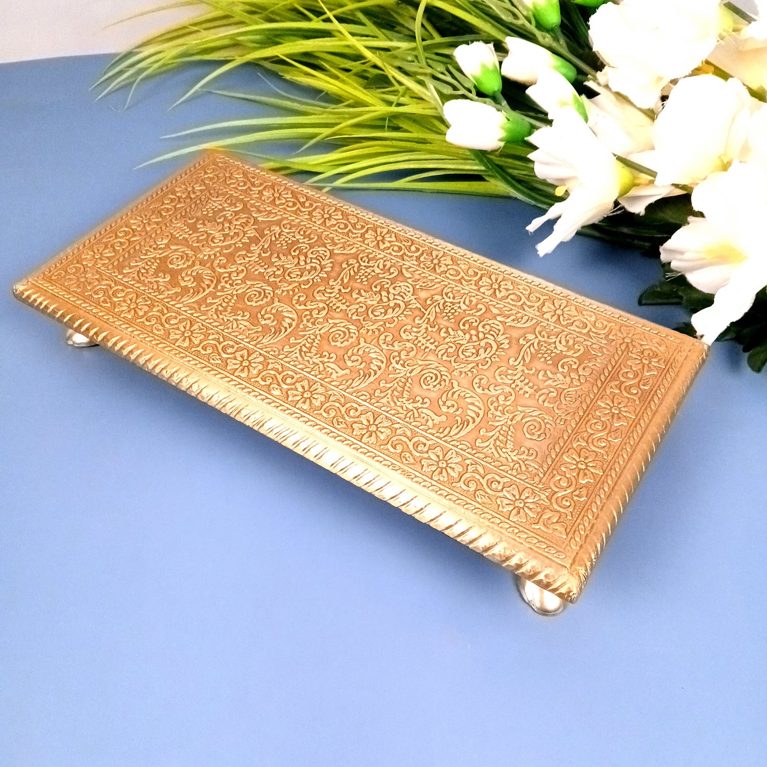 Puja Chowki Bajot | Wooden Brass Pooja Patla Chauki - for God Idol, Temple, Home Decor, Diwali, Festivals & Gifts - 12 Inch - Apkamart #Style_Pack Of 2