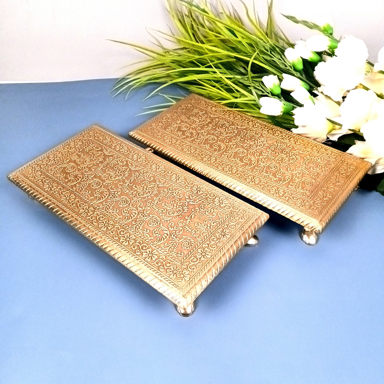 Puja Chowki Bajot | Wooden Brass Pooja Patla Chauki - for God Idol, Temple, Home Decor, Diwali, Festivals & Gifts - 12 Inch - Apkamart #Style_Pack Of 2