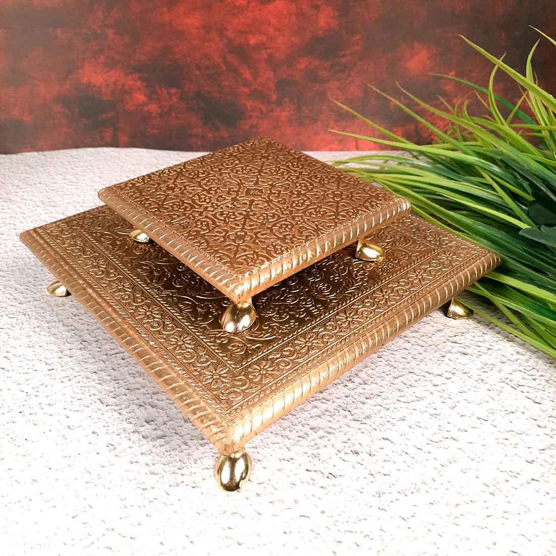 Chowki Bajot Set | Brass Chauki Set - For Home Decor, Puja, Weddings & Festivals - 6x10 Inch (Pack of 2) - Apkamart