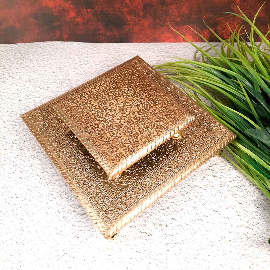 Chowki Bajot Set | Brass Chauki Set - For Home Decor, Puja, Weddings & Festivals - 6x10 Inch (Pack of 2) - Apkamart