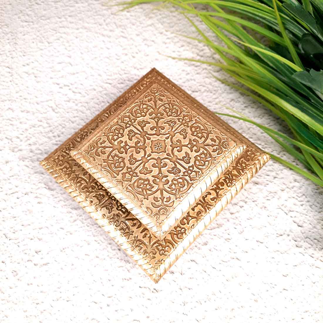 Puja Chowki Bajot | Wooden Brass Chauki Set - For Home Decor, Pooja, & Festivals - 4x6 Inch (Pack of 2) - Apkamart