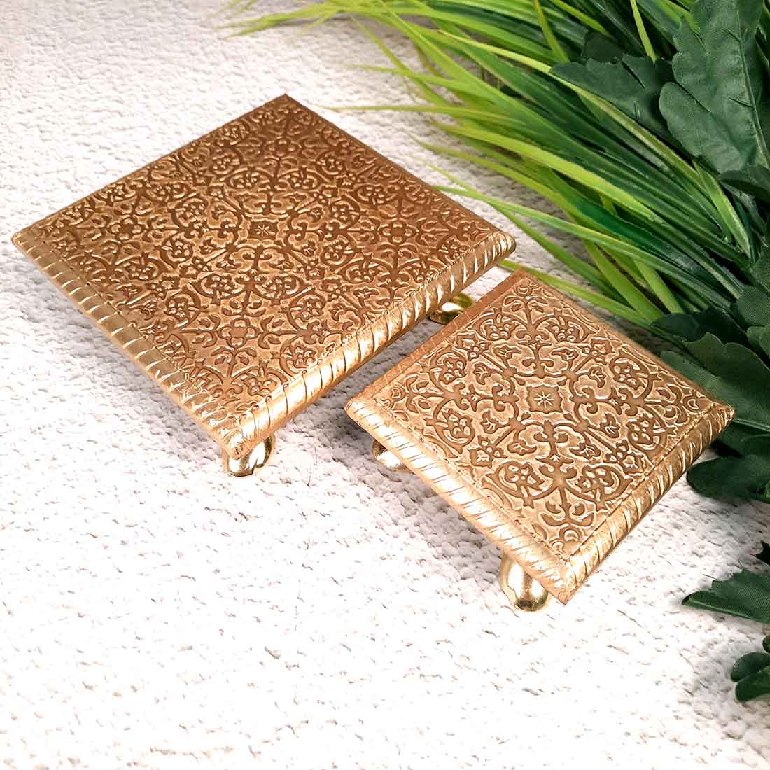 Puja Chowki Bajot | Wooden Brass Chauki Set - For Home Decor, Pooja, & Festivals - 4x6 Inch (Pack of 2) - Apkamart