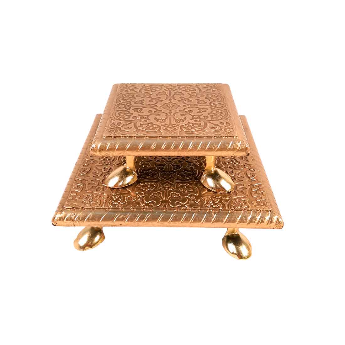 Puja Chowki Bajot | Wooden Brass Chauki Set - For Home Decor, Pooja, & Festivals - 4x6 Inch (Pack of 2) - Apkamart