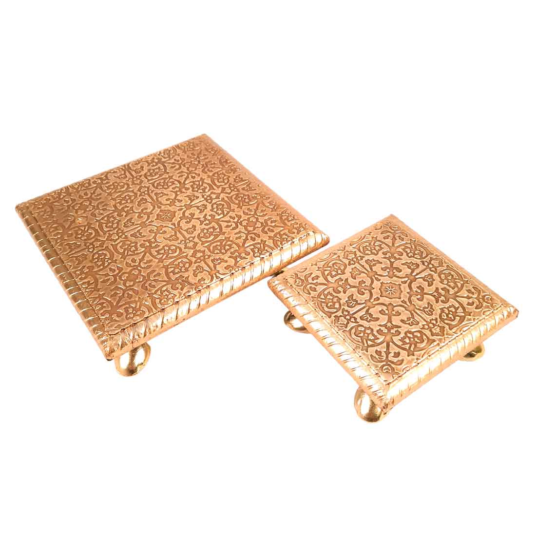 Puja Chowki Bajot | Wooden Brass Chauki Set - For Home Decor, Pooja, & Festivals - 4x6 Inch (Pack of 2) - Apkamart