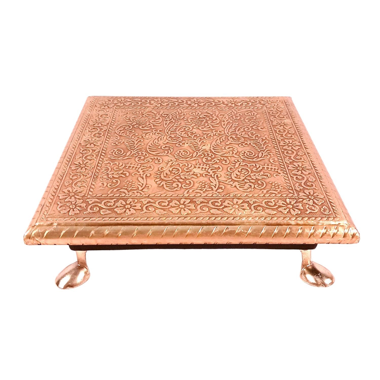 Wooden Chowki for Pooja | Decorative Brass Bajot | Peeta/Patla for Puja - for Living Room, Festivals, Diwali, Temple, Pooja, Home Decor & Gifts - apkamart