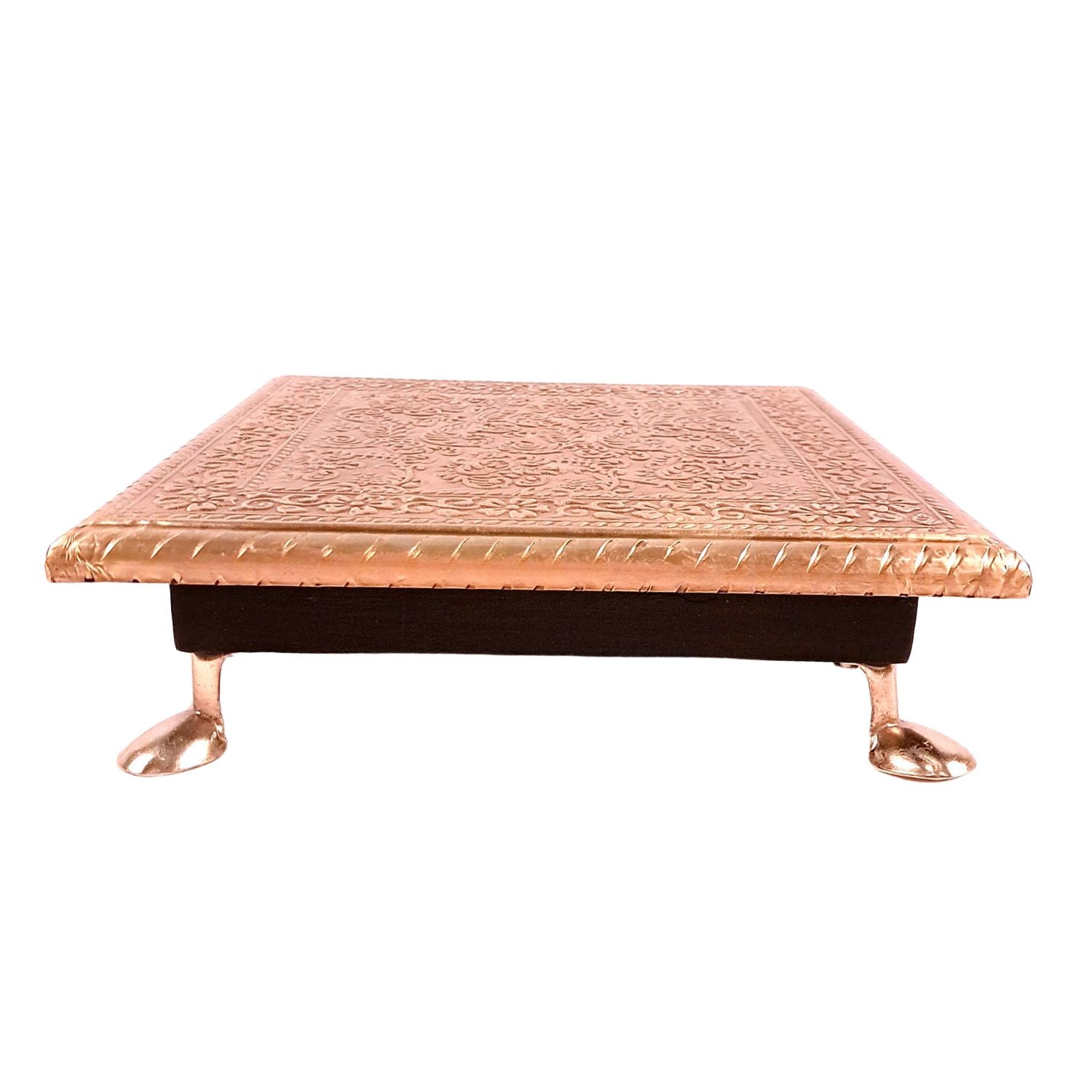 Wooden Chowki for Pooja | Decorative Brass Bajot | Peeta/Patla for Puja - for Living Room, Festivals, Diwali, Temple, Pooja, Home Decor & Gifts - apkamart