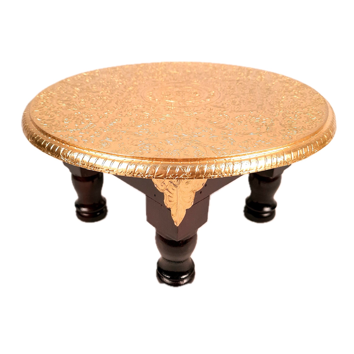 Puja Chowki Bajot | Wooden Brass Chauki | Peeta / Patla for Sitting - For Pooja, Living Room, Home & Corner Decor - 13 Inch