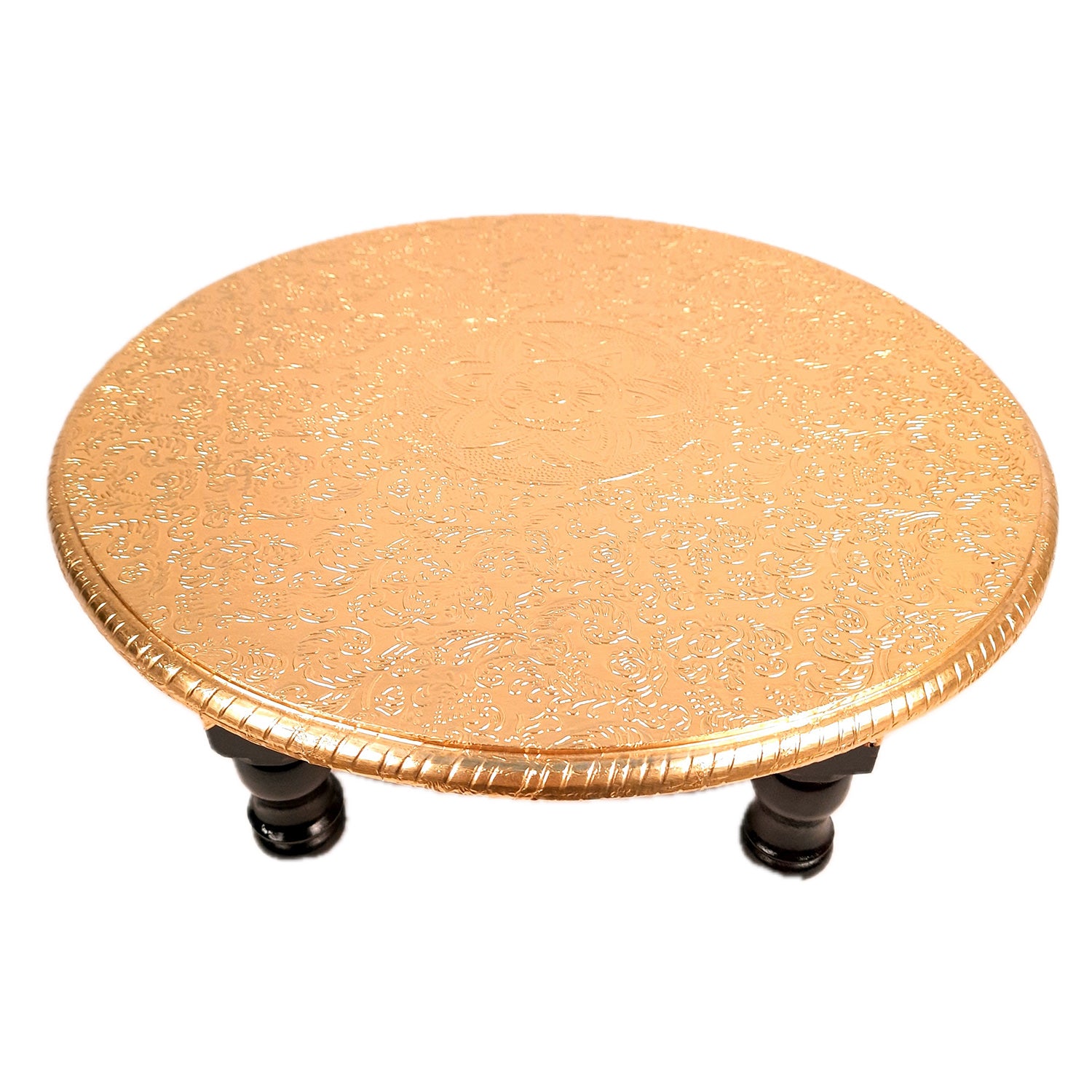 Puja Chowki Bajot | Wooden Brass Chauki | Peeta / Patla for Sitting - For Pooja, Living Room, Home & Corner Decor - 13 Inch - Apkamart