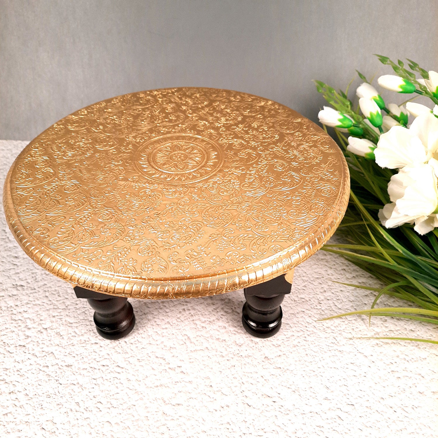 Puja Chowki Bajot | Wooden Brass Chauki | Peeta / Patla for Sitting - For Pooja, Living Room, Home & Corner Decor - 13 Inch - Apkamart