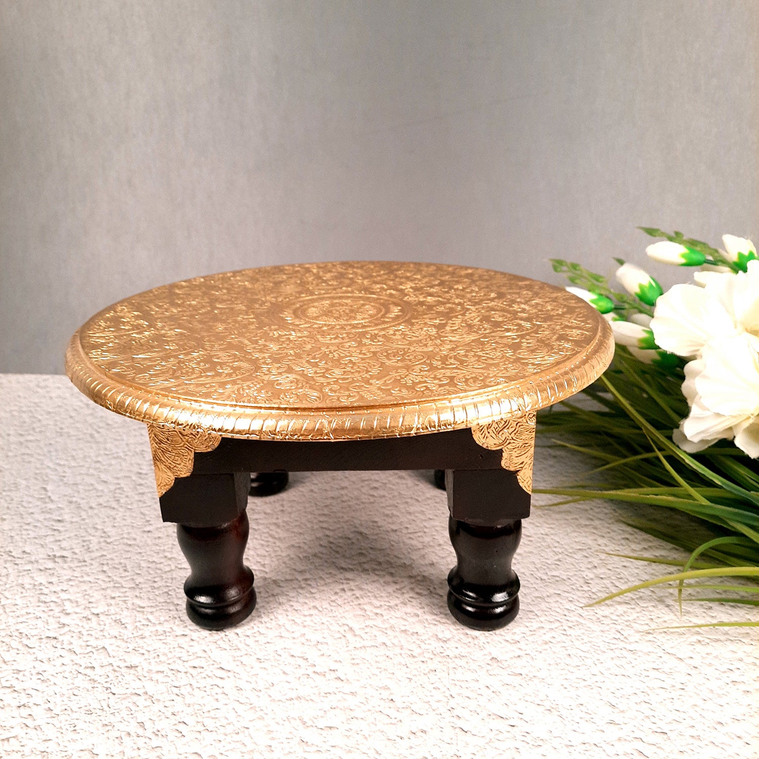 Puja Chowki Bajot | Wooden Brass Chauki | Peeta / Patla for Sitting - For Pooja, Living Room, Home & Corner Decor - 13 Inch - Apkamart