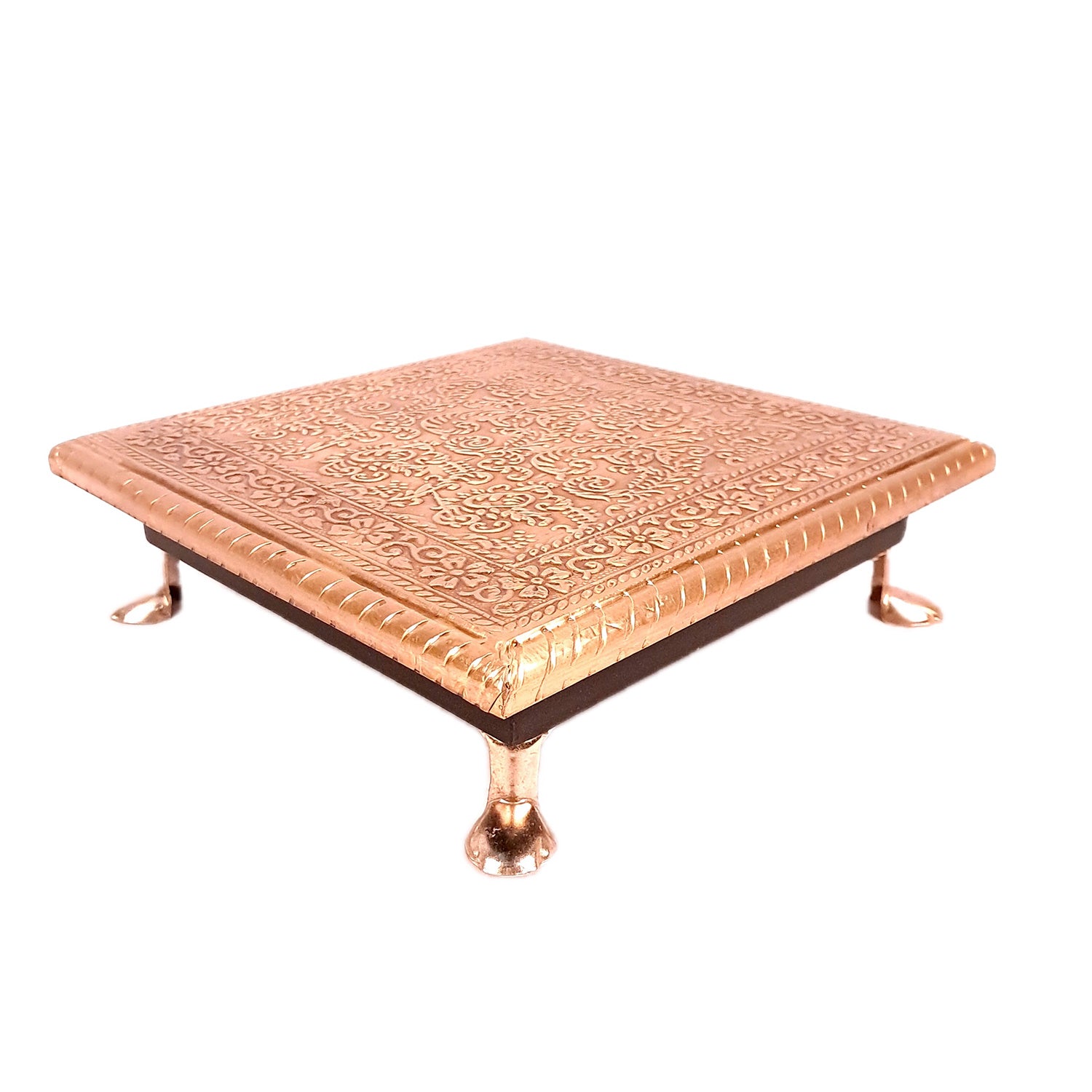 Wooden Chowki for Pooja | Decorative Brass Bajot | Peeta/Patla for Puja - for Living Room, Festivals, Diwali, Temple, Pooja, Home Decor & Gifts - apkamart