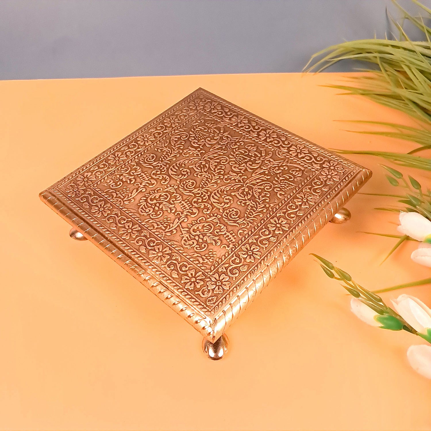 Wooden Chowki for Pooja | Decorative Brass Bajot | Peeta/Patla for Puja - for Living Room, Festivals, Diwali, Temple, Pooja, Home Decor & Gifts - apkamart