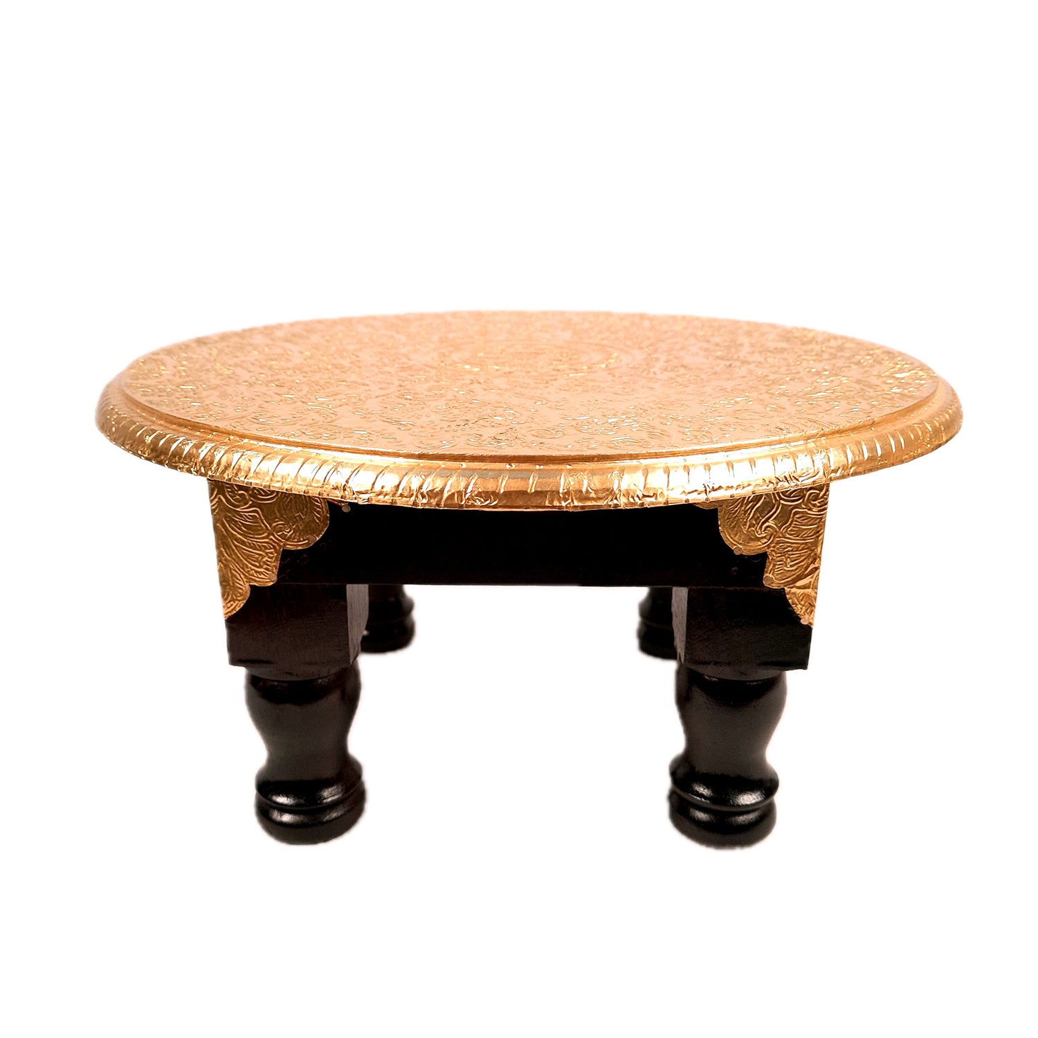 Puja Chowki Bajot | Wooden Brass Chauki | Peeta / Patla for Sitting - For Pooja, Living Room, Home & Corner Decor - 13 Inch - Apkamart