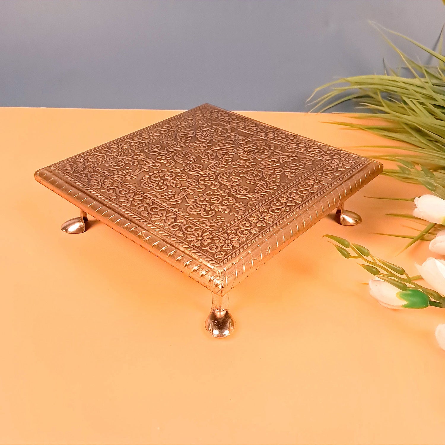 Wooden Chowki for Pooja | Decorative Brass Bajot | Peeta/Patla for Puja - for Living Room, Festivals, Diwali, Temple, Pooja, Home Decor & Gifts - apkamart