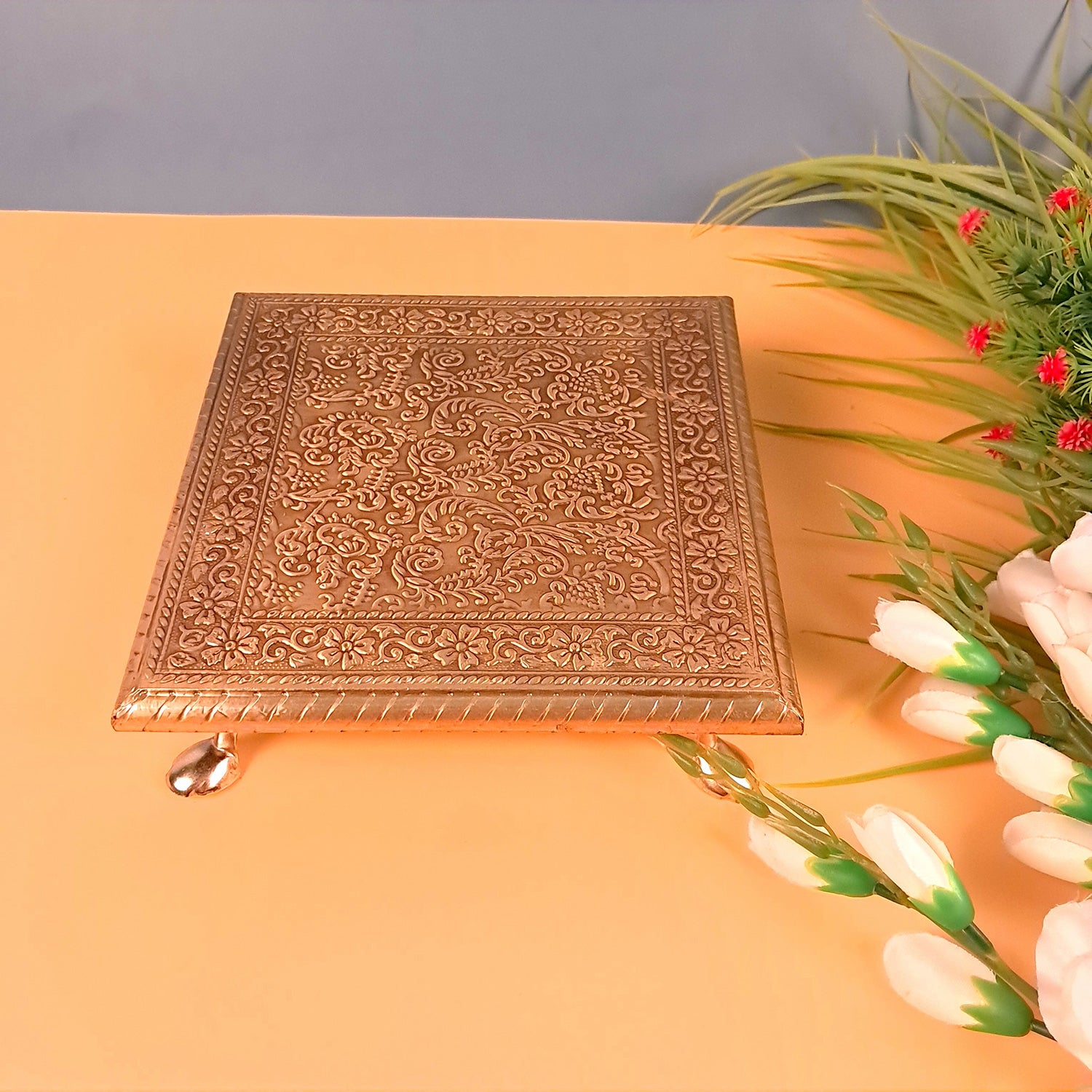 Wooden Chowki for Pooja | Decorative Brass Bajot | Peeta/Patla for Puja - for Living Room, Festivals, Diwali, Temple, Pooja, Home Decor & Gifts - apkamart