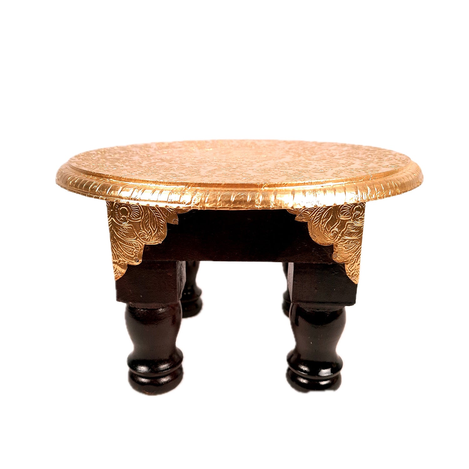 Puja Chowki Bajot | Wooden Brass Chauki | Peeta / Patla for Sitting - For Pooja, Living Room, Home & Corner Decor - 11 Inch - Apkamart