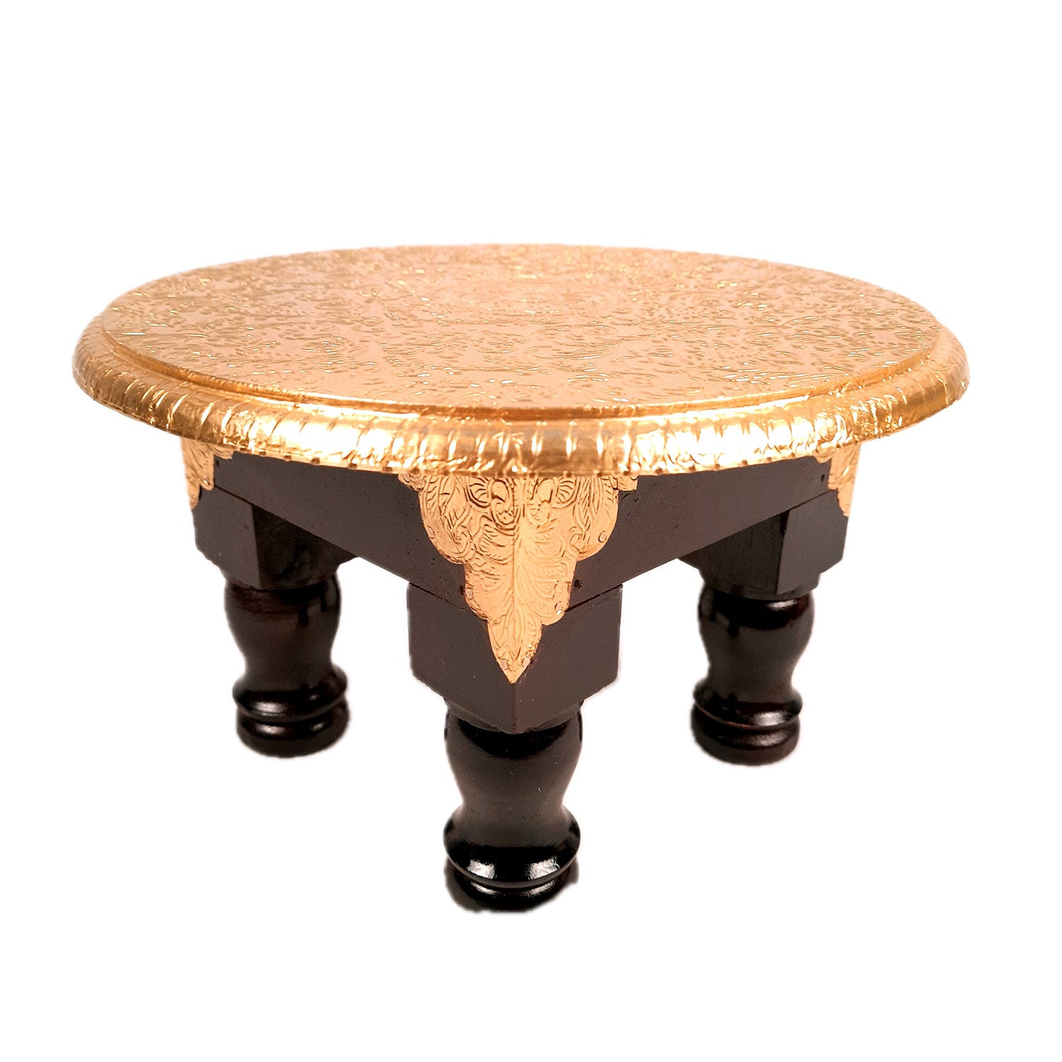 Puja Chowki Bajot | Wooden Brass Chauki | Peeta / Patla for Sitting - For Pooja, Living Room, Home & Corner Decor - 11 Inch - Apkamart