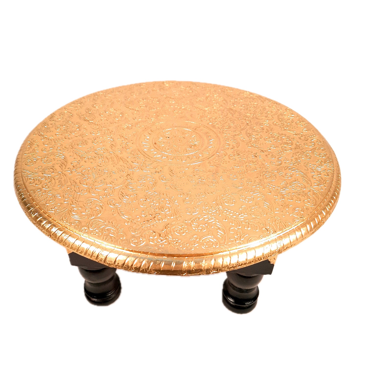 Puja Chowki Bajot | Wooden Brass Chauki | Peeta / Patla for Sitting - For Pooja, Living Room, Home & Corner Decor - 11 Inch - Apkamart