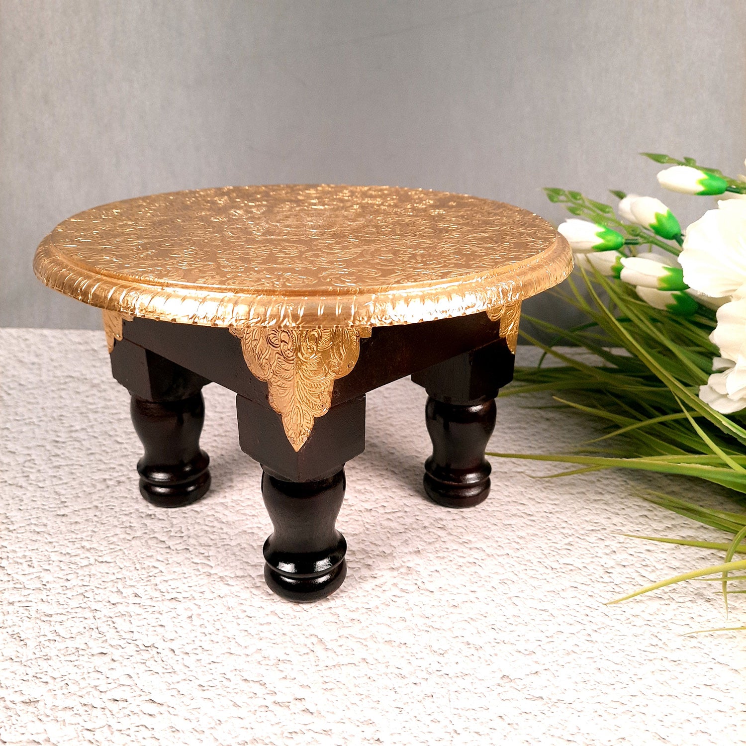 Puja Chowki Bajot | Wooden Brass Chauki | Peeta / Patla for Sitting - For Pooja, Living Room, Home & Corner Decor - 11 Inch - Apkamart