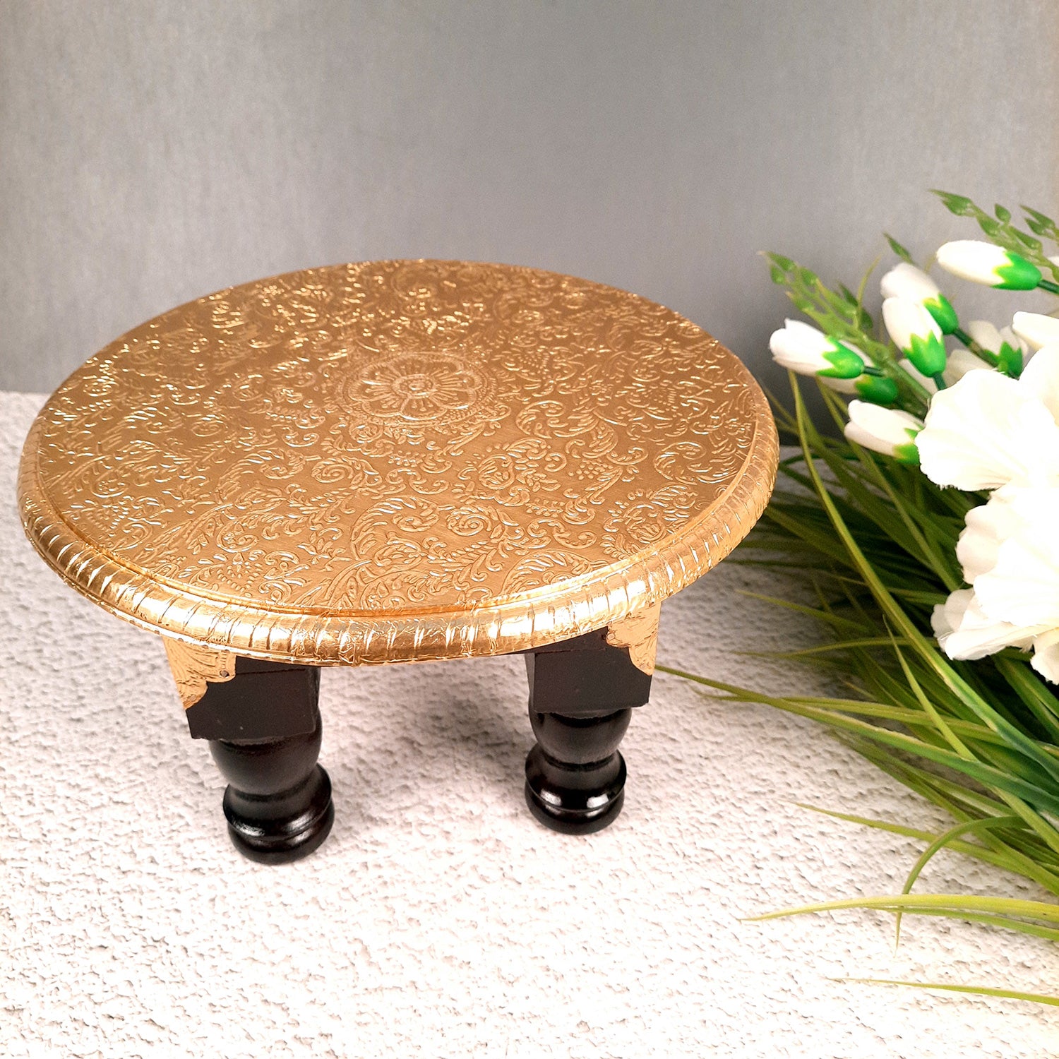 Puja Chowki Bajot | Wooden Brass Chauki | Peeta / Patla for Sitting - For Pooja, Living Room, Home & Corner Decor - 11 Inch - Apkamart