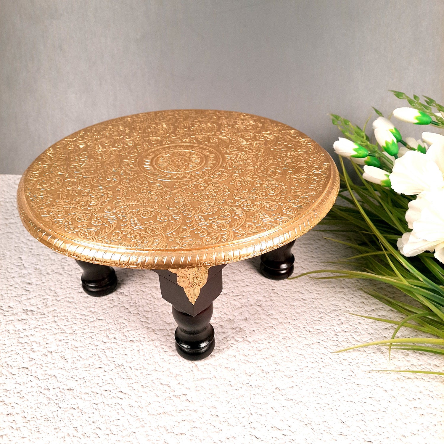 Puja Chowki Bajot | Wooden Brass Chauki | Peeta / Patla for Sitting - For Pooja, Living Room, Home & Corner Decor - 11 Inch - Apkamart