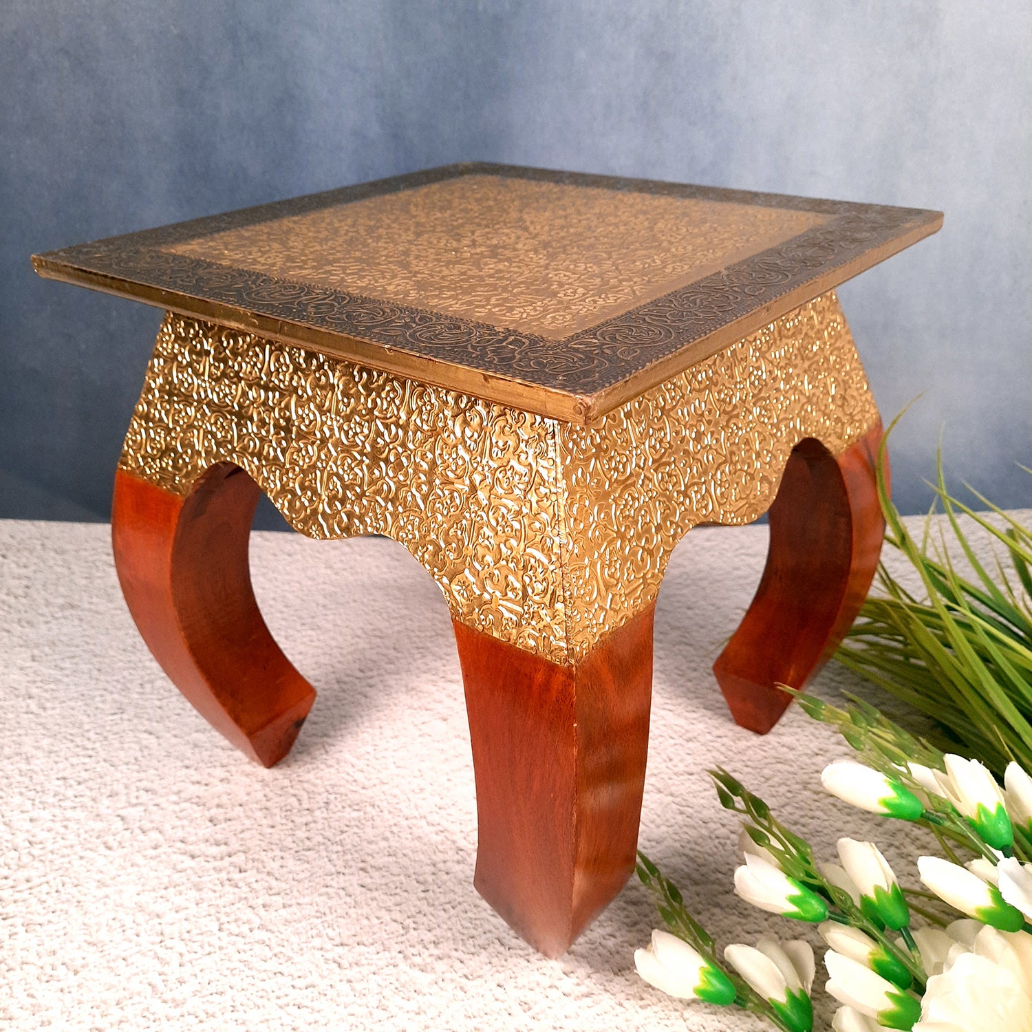 Side Table | Wood & Brass End Tables Cum Stool - for Keeping Lamp, Vases & Plants | Small Stools - for Sitting, Bedside, Home Decor, Corners, Sofa Side Stool, Office & Gifts - 12 Inch - apkamart