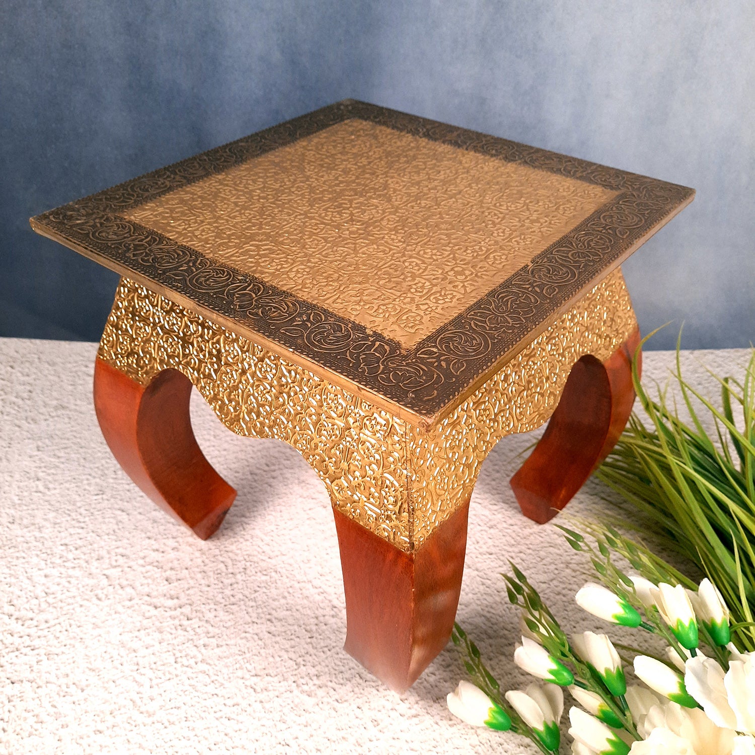 Side Table | Wood & Brass End Tables Cum Stool - for Keeping Lamp, Vases & Plants | Small Stools - for Sitting, Bedside, Home Decor, Corners, Sofa Side Stool, Office & Gifts - 12 Inch - apkamart