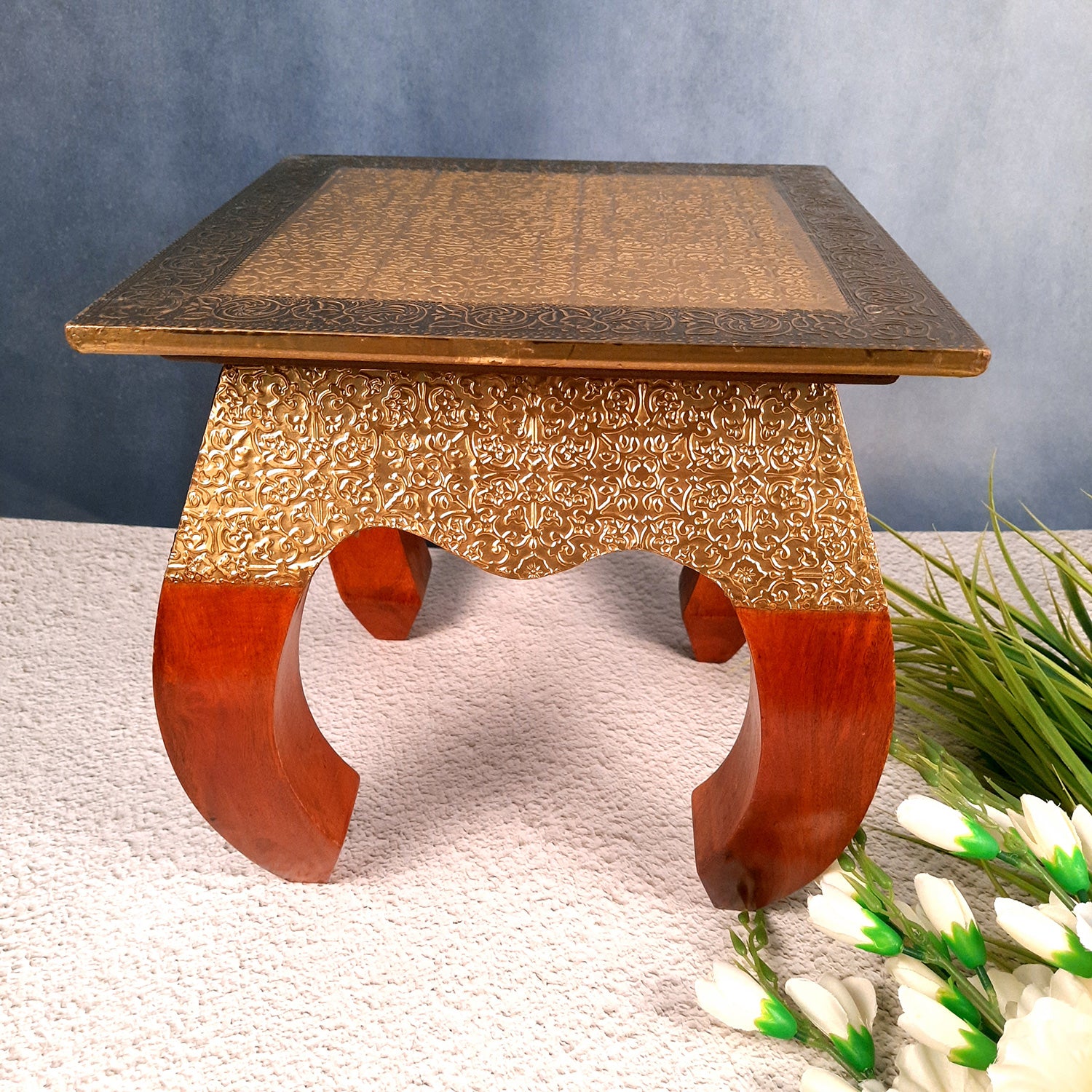 Side Table | Wood & Brass End Tables Cum Stool - for Keeping Lamp, Vases & Plants | Small Stools - for Sitting, Bedside, Home Decor, Corners, Sofa Side Stool, Office & Gifts - 12 Inch - apkamart