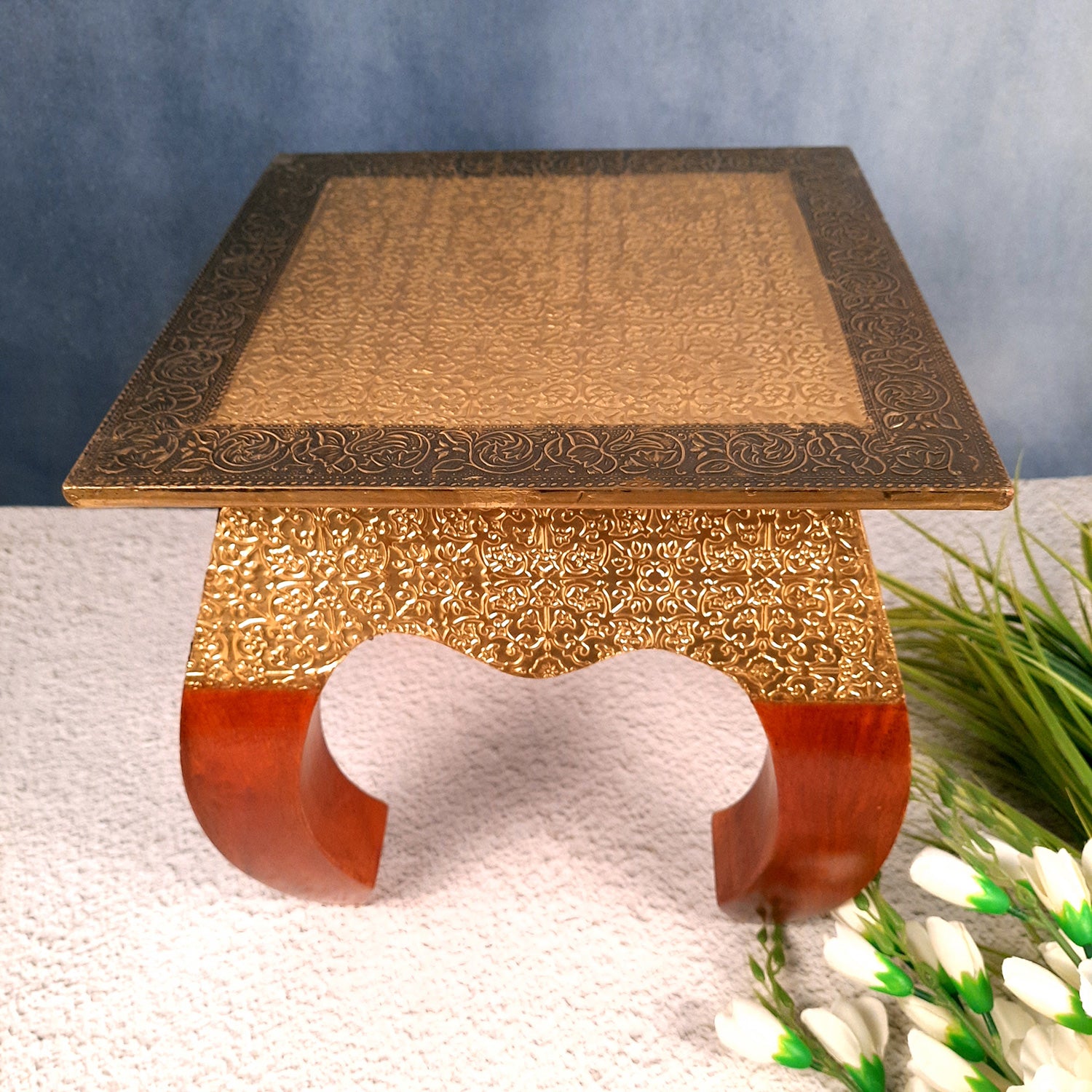 Side Table | Wood & Brass End Tables Cum Stool - for Keeping Lamp, Vases & Plants | Small Stools - for Sitting, Bedside, Home Decor, Corners, Sofa Side Stool, Office & Gifts - 12 Inch - apkamart