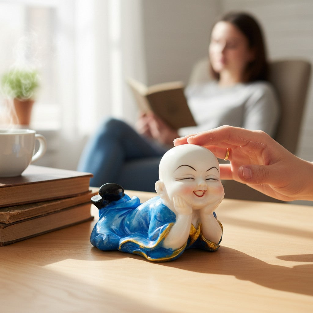 Baby Monk Laughing Buddha Showpiece | Cute Buddha for Home Decor & Office Decor | Decorative Figurine for Living Room, Table & Gifting - 6 Inch - Apkamart